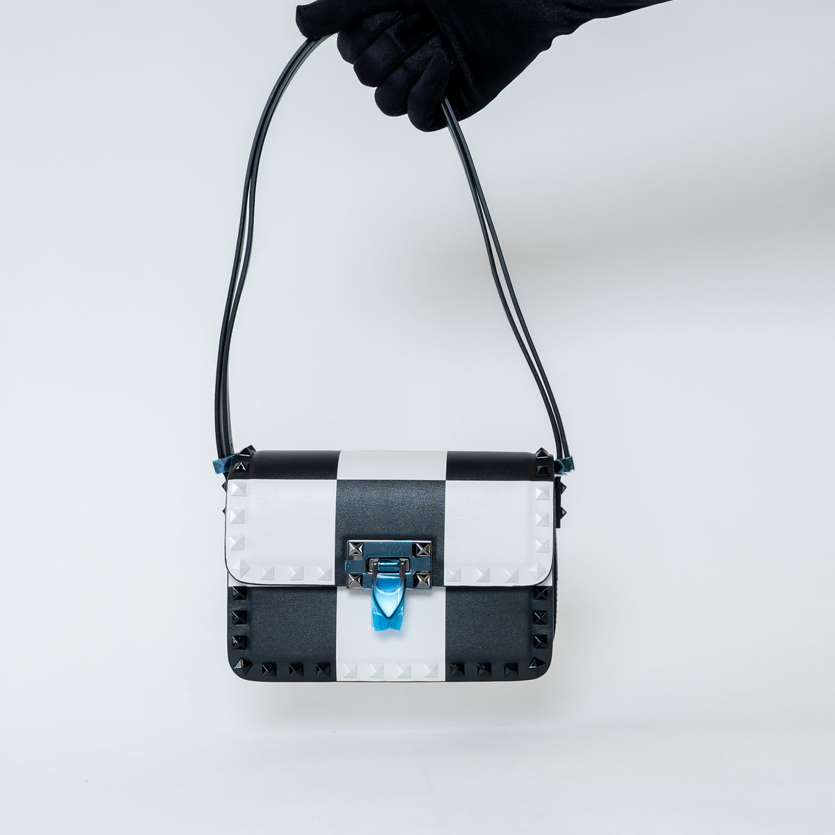 Valentino Black/White Smooth Leather Chess Print Small Rockstud Shoulder Bag