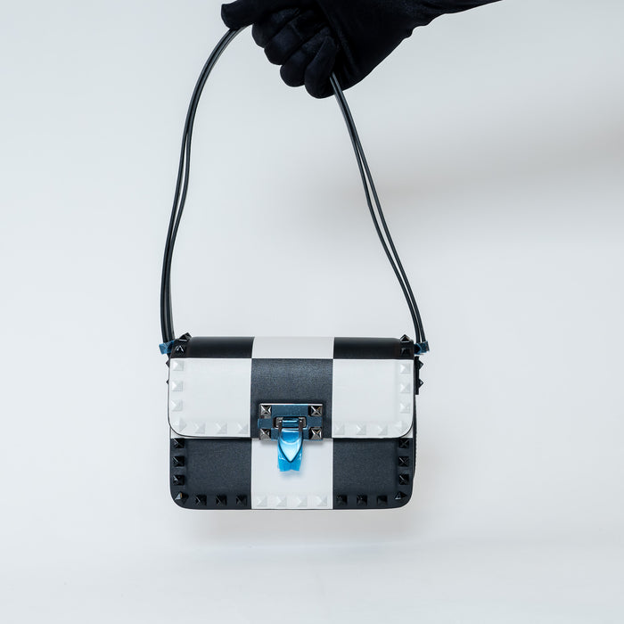 Valentino Black/White Smooth Leather Chess Print Small Rockstud Shoulder Bag