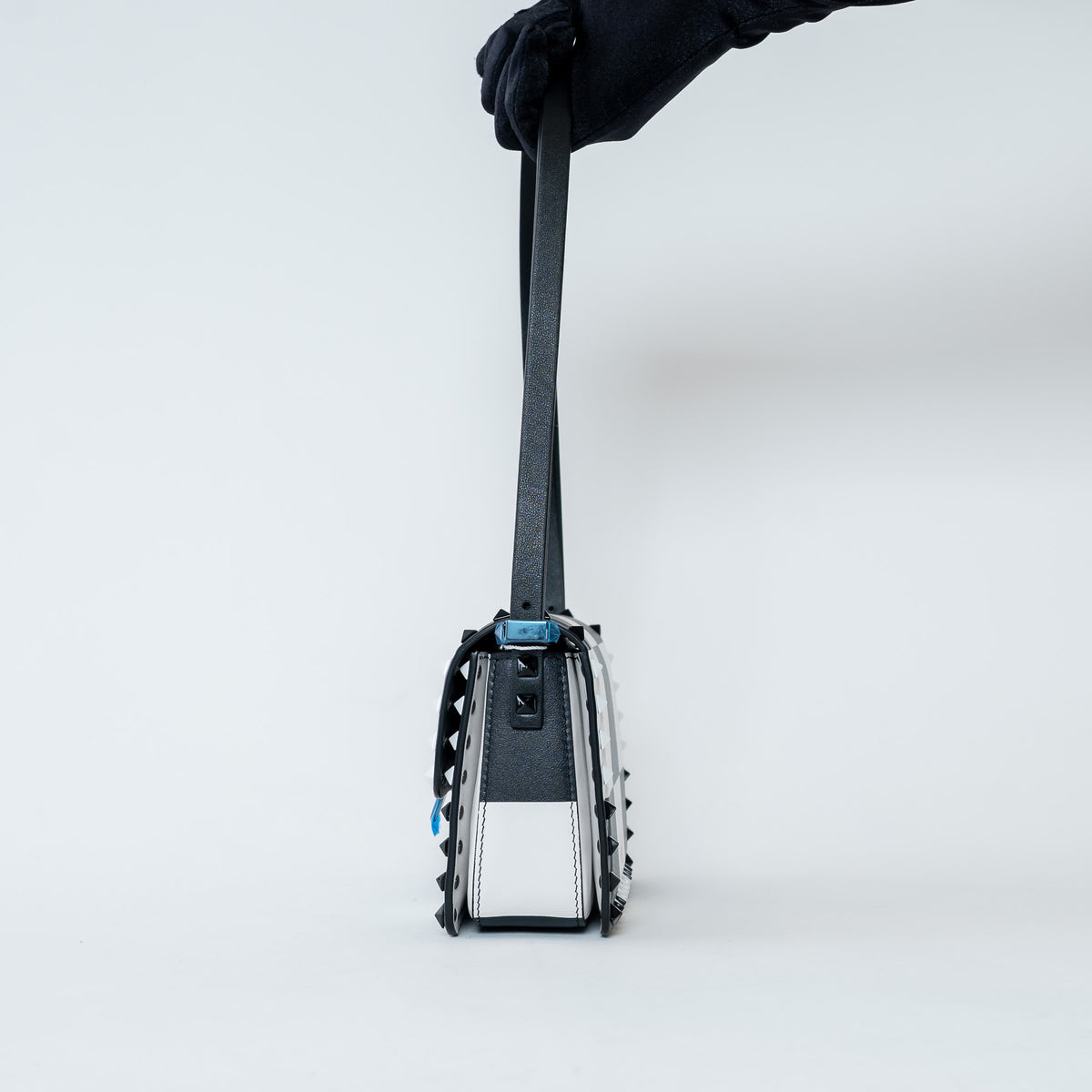 Valentino Black/White Smooth Leather Chess Print Small Rockstud Shoulder Bag