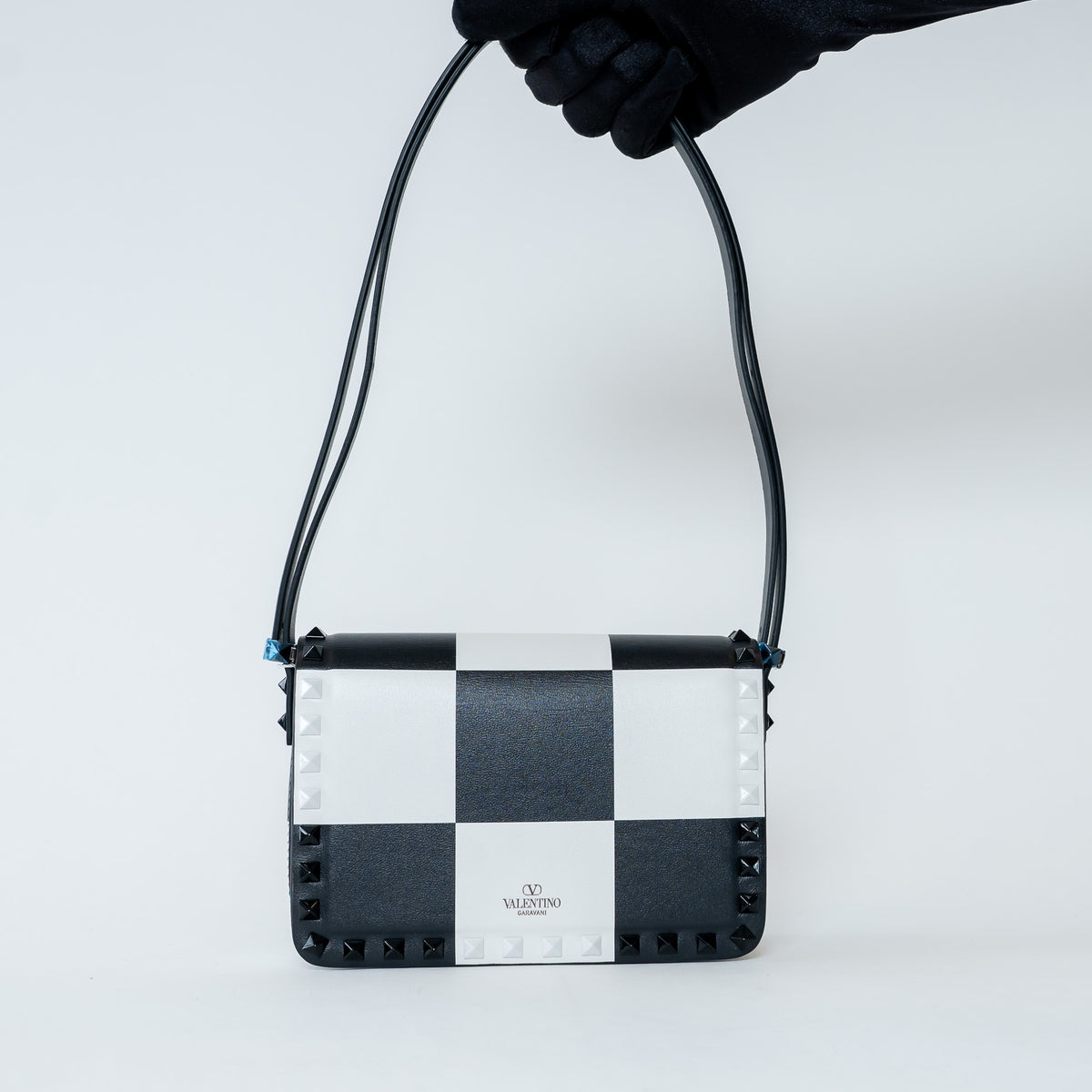 Valentino Black/White Smooth Leather Chess Print Small Rockstud Shoulder Bag