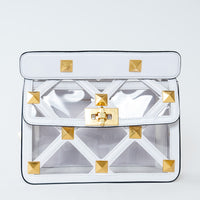 Valentino White Calf Leather and PVC Medium Roman Stud Shoulder Bag