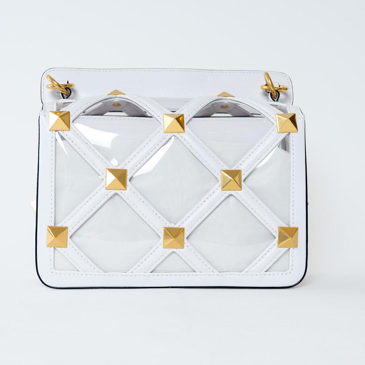 Valentino White Calf Leather and PVC Medium Roman Stud Shoulder Bag