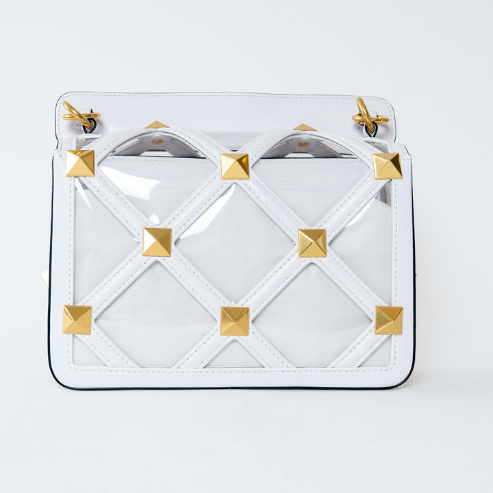 Valentino White Calf Leather and PVC Medium Roman Stud Shoulder Bag