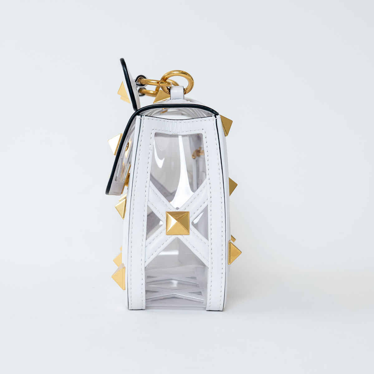 Valentino White Calf Leather and PVC Medium Roman Stud Shoulder Bag