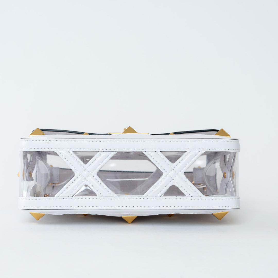 Valentino White Calf Leather and PVC Medium Roman Stud Shoulder Bag