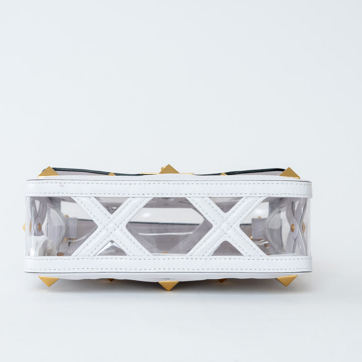 Valentino White Calf Leather and PVC Medium Roman Stud Shoulder Bag