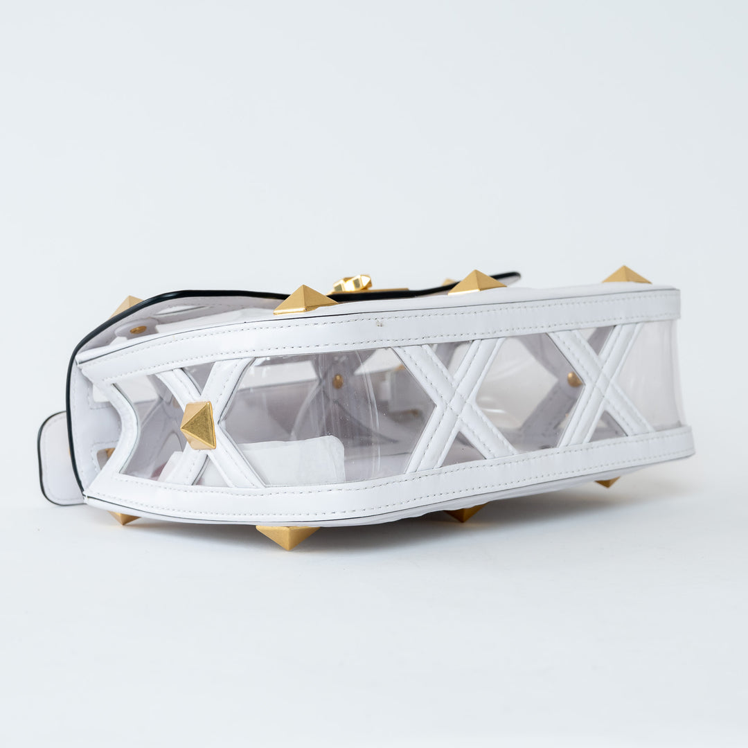Valentino White Calf Leather and PVC Medium Roman Stud Shoulder Bag