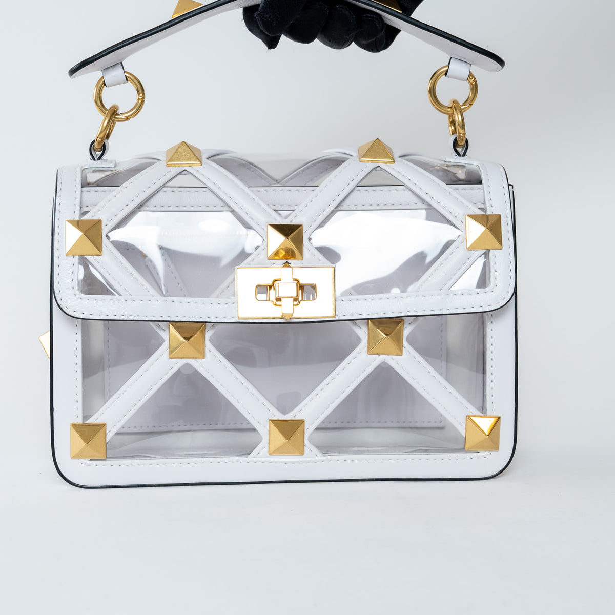 Valentino White Calf Leather and PVC Medium Roman Stud Shoulder Bag