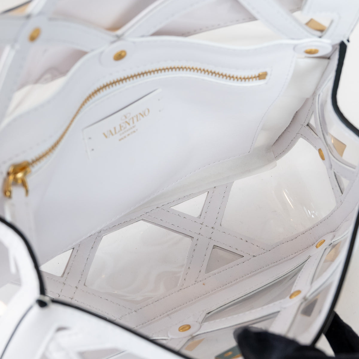 Valentino White Calf Leather and PVC Medium Roman Stud Shoulder Bag