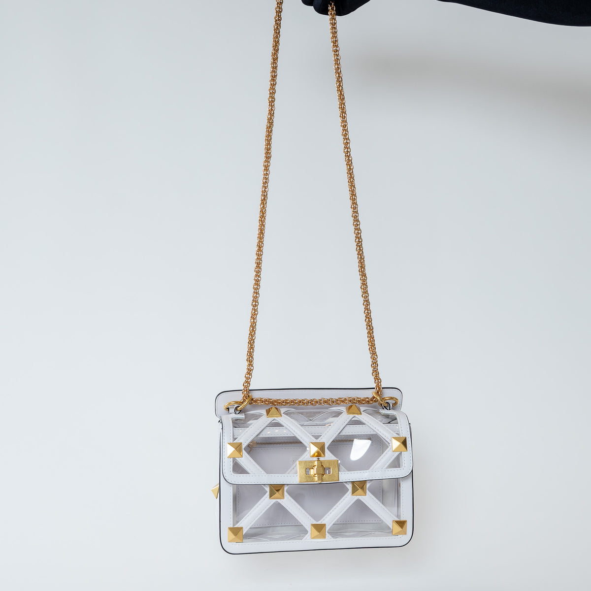 Valentino White Calf Leather and PVC Medium Roman Stud Shoulder Bag