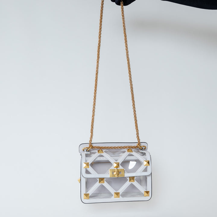 Valentino White Calf Leather and PVC Medium Roman Stud Shoulder Bag