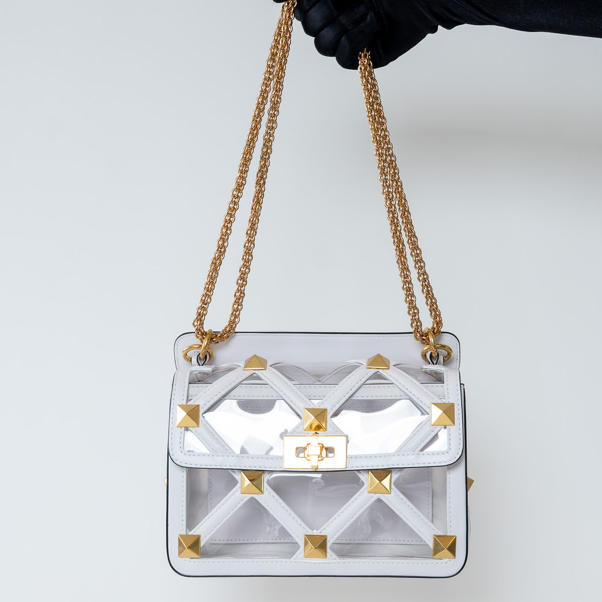 Valentino White Calf Leather and PVC Medium Roman Stud Shoulder Bag