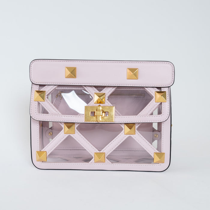 Valentino Pink Calf Leather and PVC Medium Roman Stud Shoulder Bag