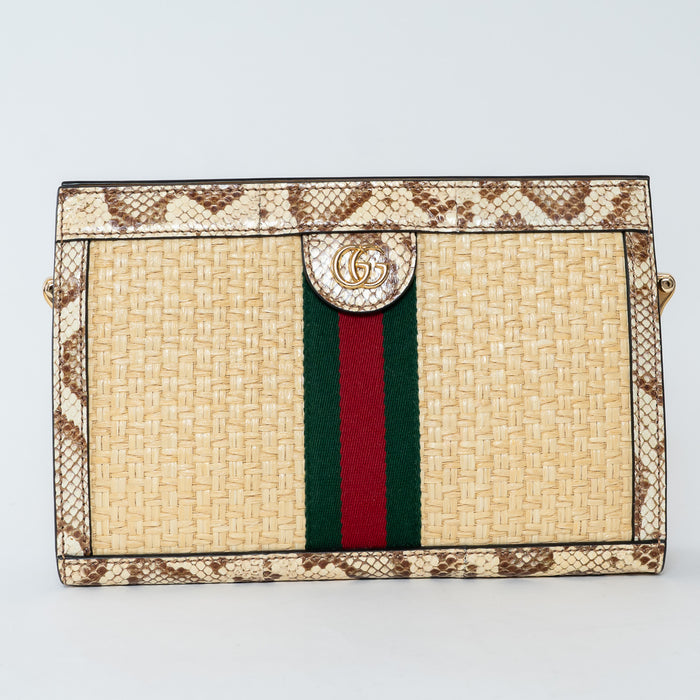 Gucci Beige Raffia and Elaphe Snakeskin Leather Small Ophidia Shoulder Bag