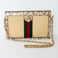Gucci Beige Raffia and Elaphe Snakeskin Leather Small Ophidia Shoulder Bag