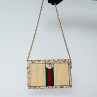 Gucci Beige Raffia and Elaphe Snakeskin Leather Small Ophidia Shoulder Bag