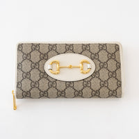 Gucci Beige and White GG Supreme Canvas Gold Horsebit Zip Around Continental Wallet
