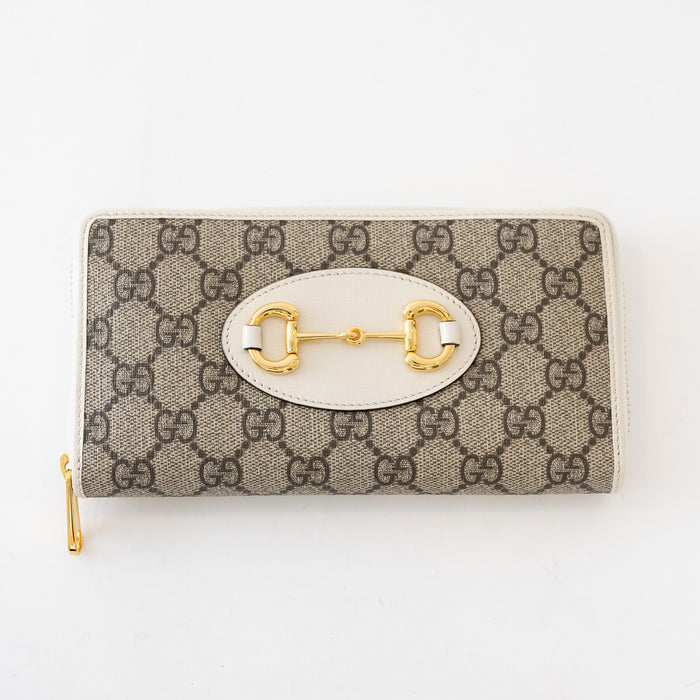 Gucci Beige and White GG Supreme Canvas Gold Horsebit Zip Around Continental Wallet