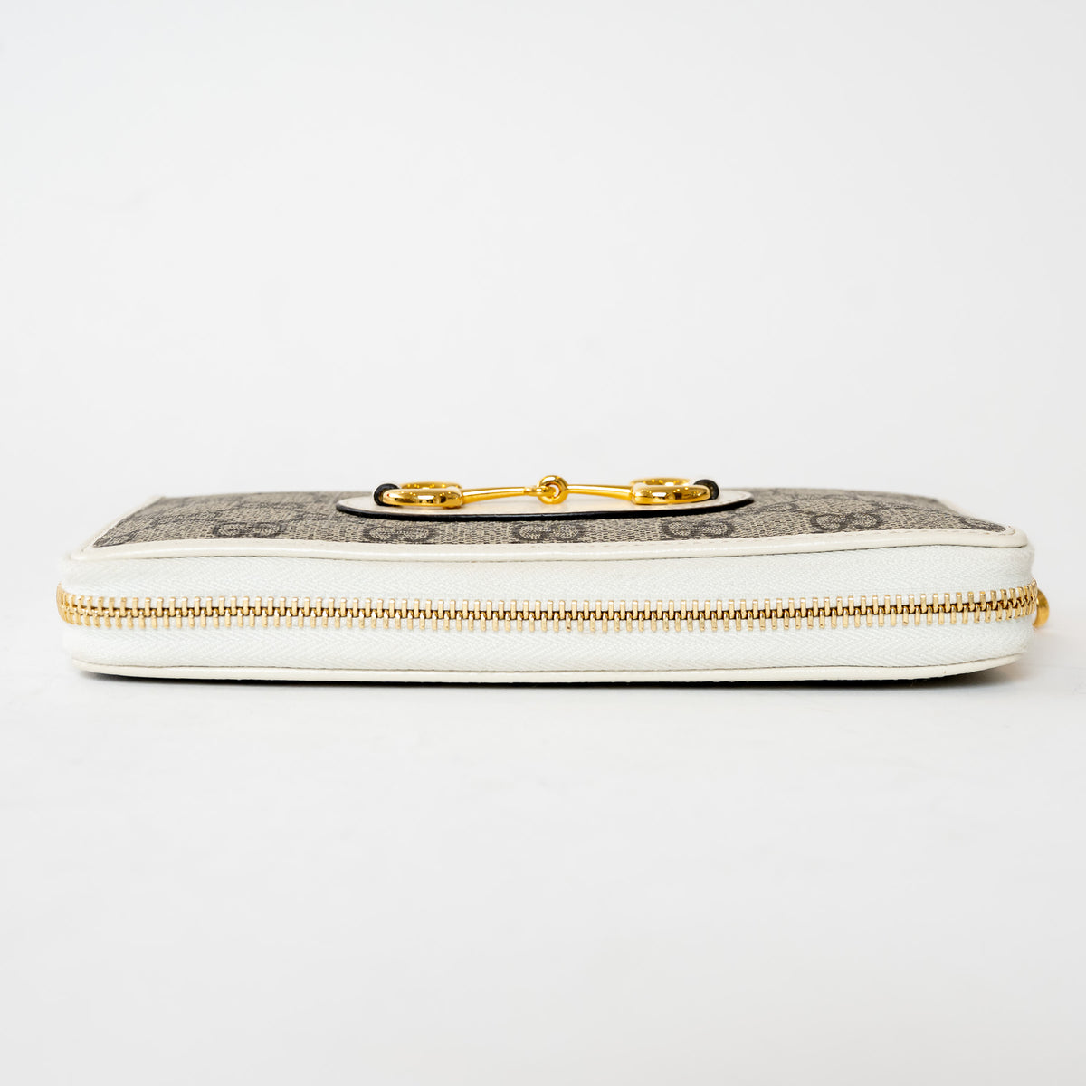 Gucci Beige and White GG Supreme Canvas Gold Horsebit Zip Around Continental Wallet