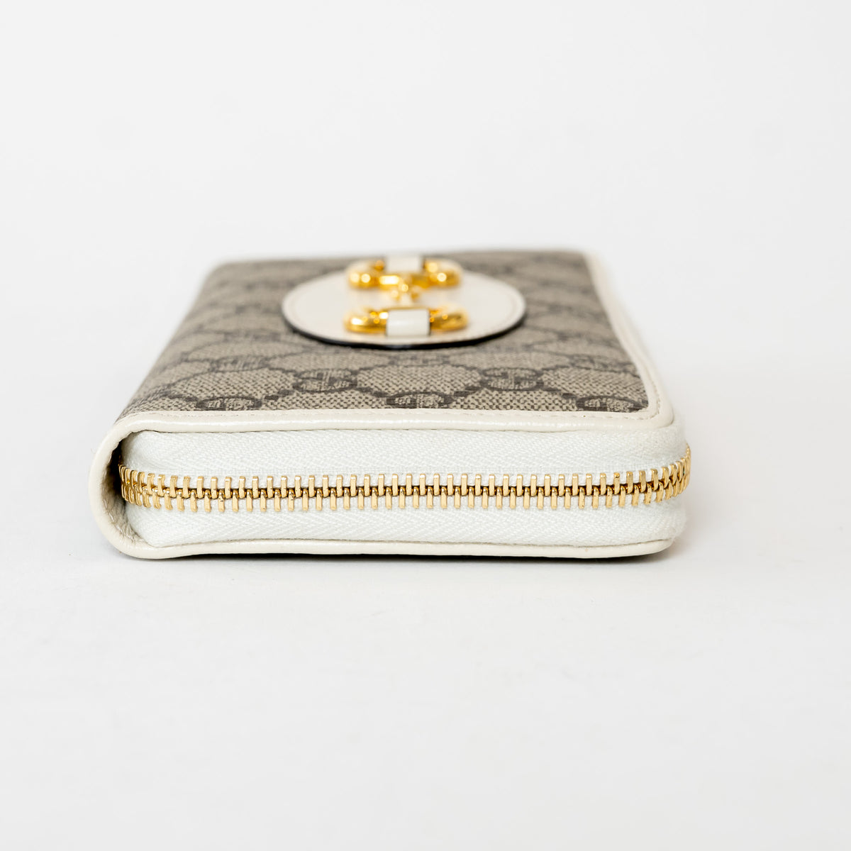 Gucci Beige and White GG Supreme Canvas Gold Horsebit Zip Around Continental Wallet