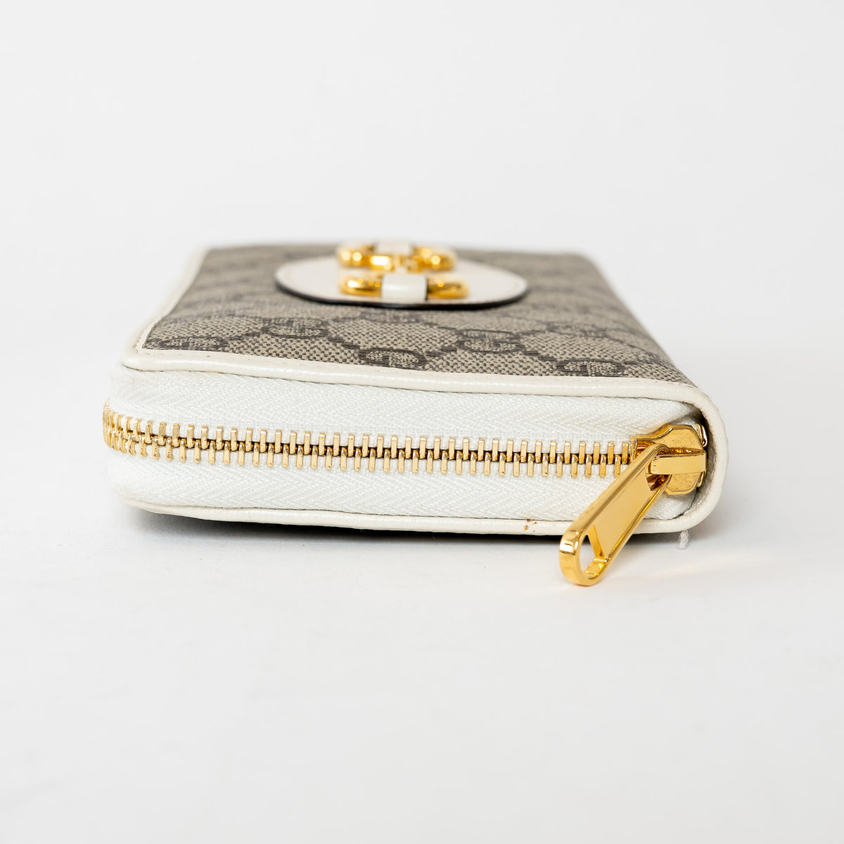 Gucci Beige and White GG Supreme Canvas Gold Horsebit Zip Around Continental Wallet