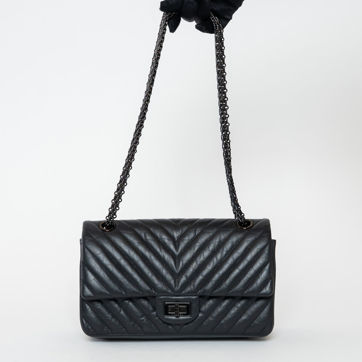Pre-Loved Chanel™ Black Aged Lambskin Chevron Medium 2.55 Double Flap Bag