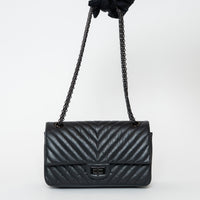 Pre-Loved Chanel™ Black Aged Lambskin Chevron Medium 2.55 Double Flap Bag