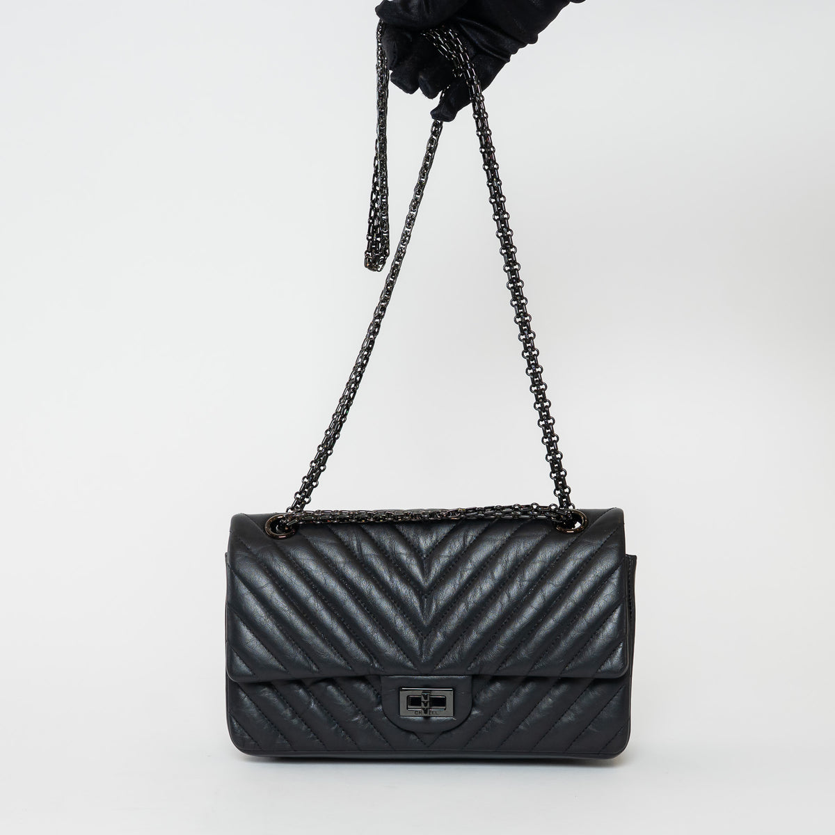 Pre-Loved Chanel™ Black Aged Lambskin Chevron Medium 2.55 Double Flap Bag