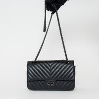 Pre-Loved Chanel™ Black Aged Lambskin Chevron Medium 2.55 Double Flap Bag