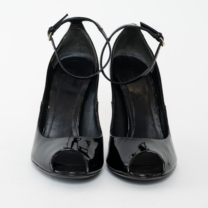 Gucci Black Patent Leather Peep Toe Ankle Strap Pumps Size 40.5C