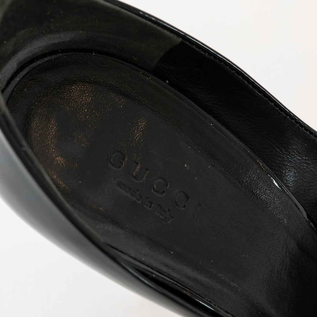 Gucci Black Patent Leather Peep Toe Ankle Strap Pumps Size 40.5C