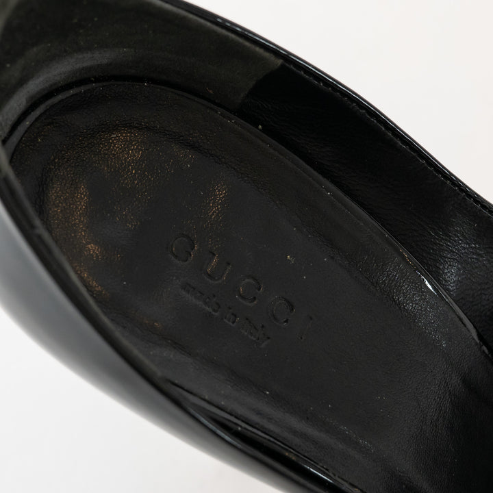 Gucci Black Patent Leather Peep Toe Ankle Strap Pumps Size 40.5C