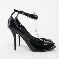 Gucci Black Patent Leather Peep Toe Ankle Strap Pumps Size 40.5C