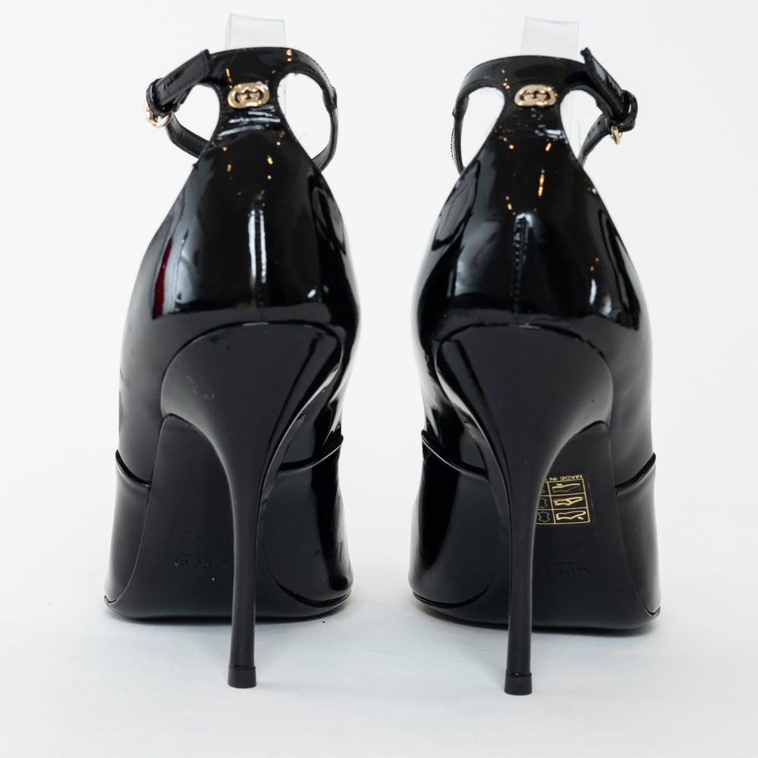 Gucci Black Patent Leather Peep Toe Ankle Strap Pumps Size 40.5C