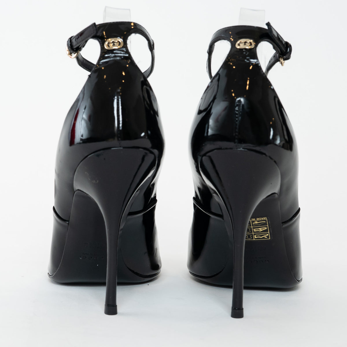 Gucci Black Patent Leather Peep Toe Ankle Strap Pumps Size 40.5C