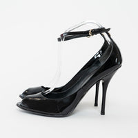 Gucci Black Patent Leather Peep Toe Ankle Strap Pumps Size 40.5C