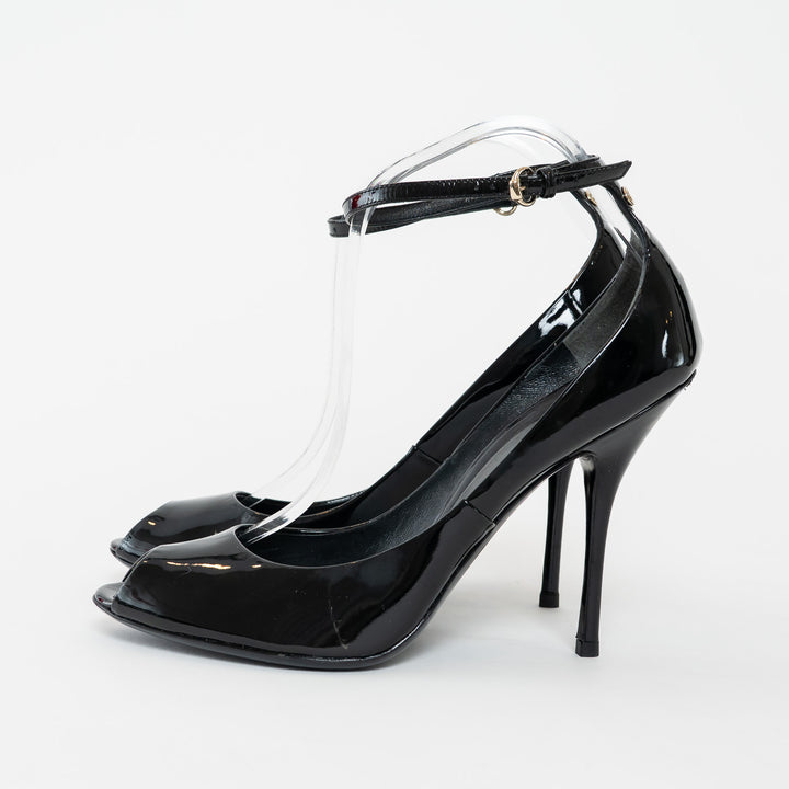 Gucci Black Patent Leather Peep Toe Ankle Strap Pumps Size 40.5C