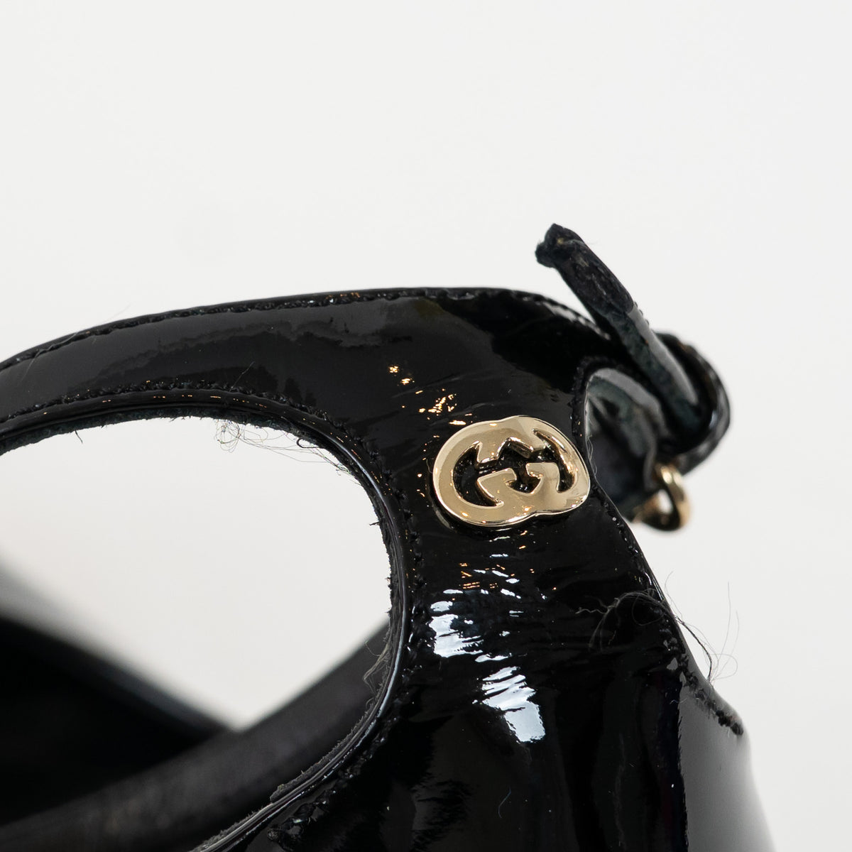 Gucci Black Patent Leather Peep Toe Ankle Strap Pumps Size 40.5C