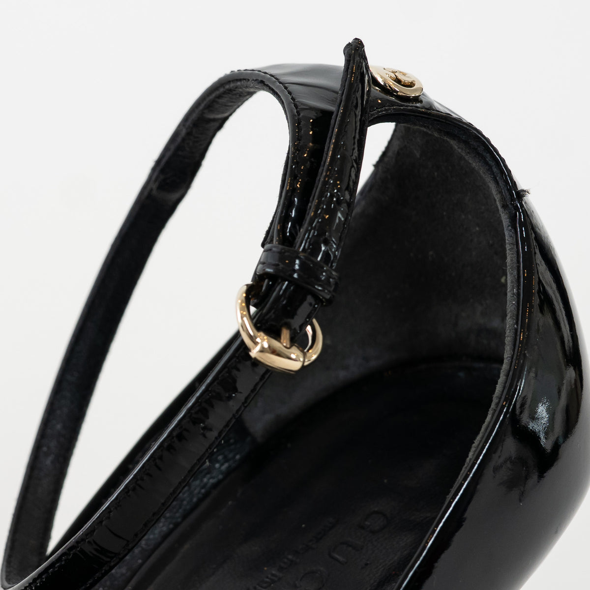 Gucci Black Patent Leather Peep Toe Ankle Strap Pumps Size 40.5C