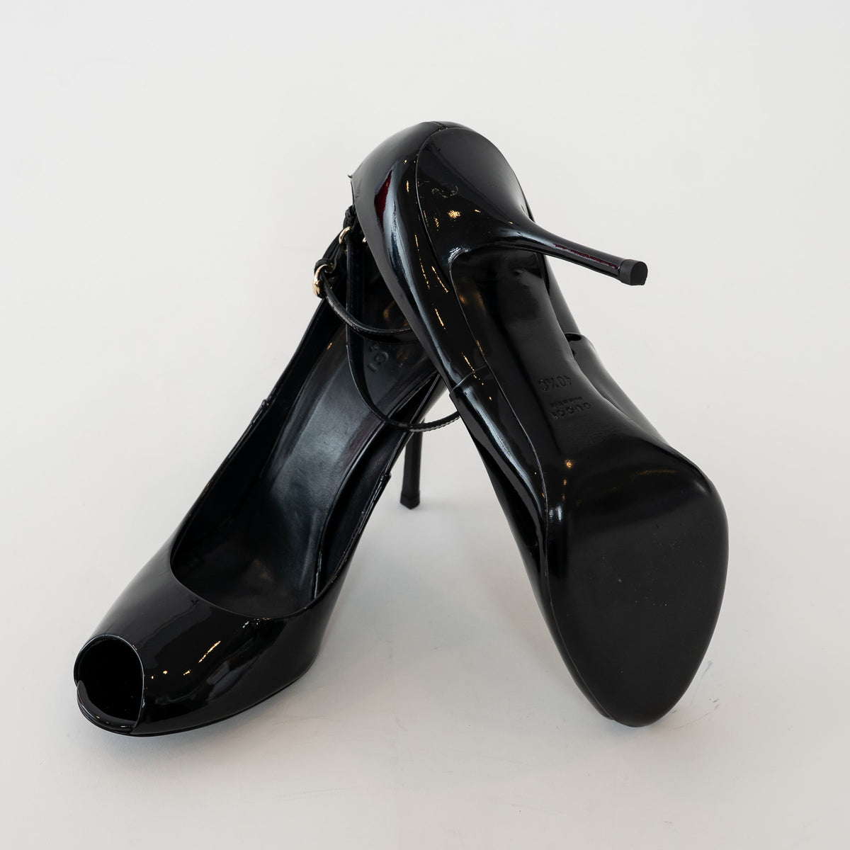 Gucci Black Patent Leather Peep Toe Ankle Strap Pumps Size 40.5C