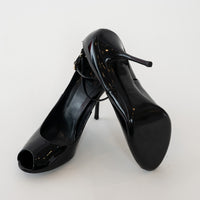 Gucci Black Patent Leather Peep Toe Ankle Strap Pumps Size 40.5C