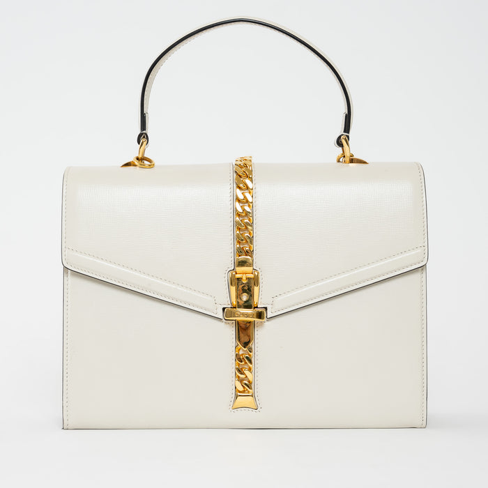 Gucci White Calfskin Leather Medium Sylvie 1969 Top Handle Bag