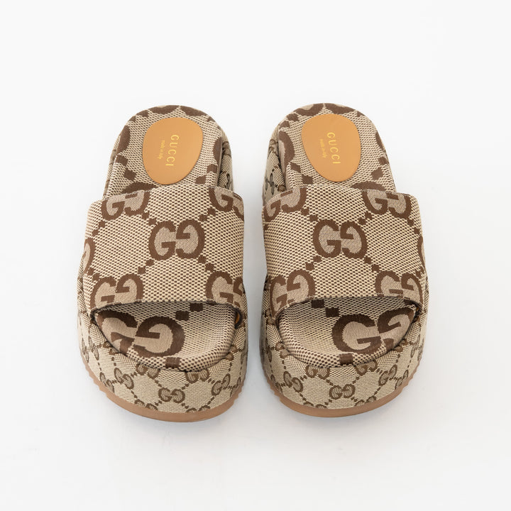 Gucci Beige Maxi GG Canvas Platform Slides Size 40.5