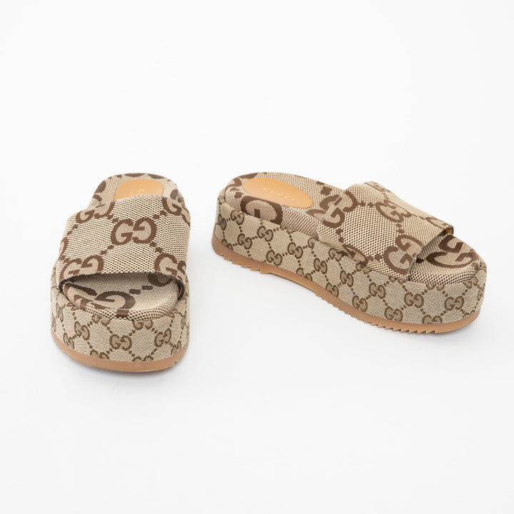 Gucci Beige Maxi GG Canvas Platform Slides Size 40.5