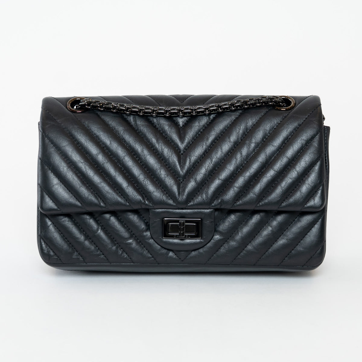 Pre-Loved Chanel™ Black Aged Lambskin Chevron Medium 2.55 Double Flap Bag