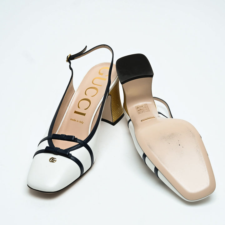 Gucci White Calf Leather GG Block Heel Slingback Pumps Size 40