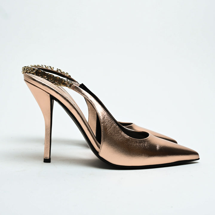 Gucci Rose Gold Metallic Calf Leather Signoria Slingback Heels Size 38.5