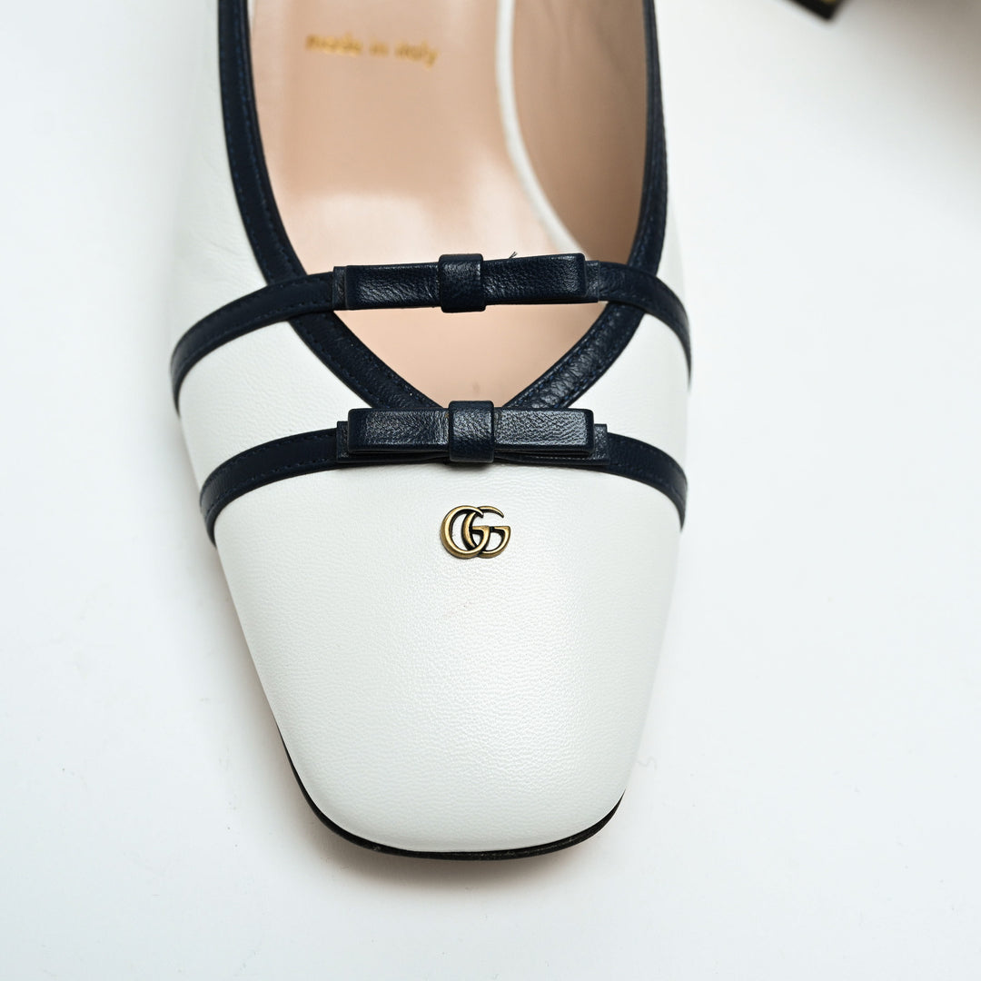 Gucci White Calf Leather GG Block Heel Slingback Pumps Size 40
