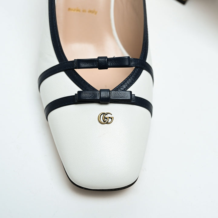 Gucci White Calf Leather GG Block Heel Slingback Pumps Size 40