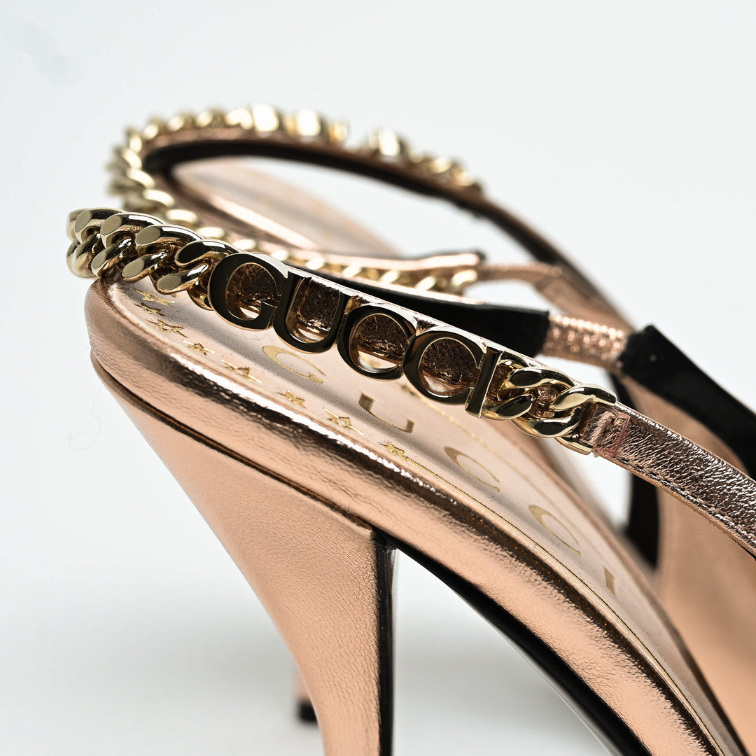 Gucci Rose Gold Metallic Calf Leather Signoria Slingback Heels Size 38.5